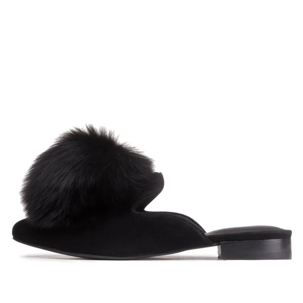 Jeffrey Campbell Black Leather Genuine Fur Pom Pom Mules Sz 7